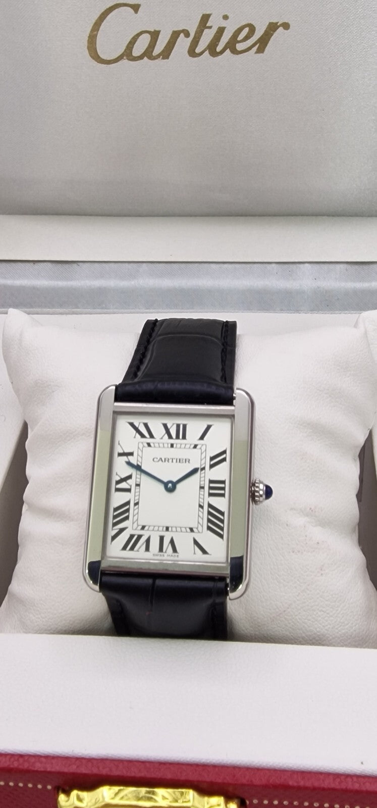 Cartier Tank Solo Gents Watch | Stainless Steel | Blue Cabochon Crown | Leather Strap | Luxury Timepiece