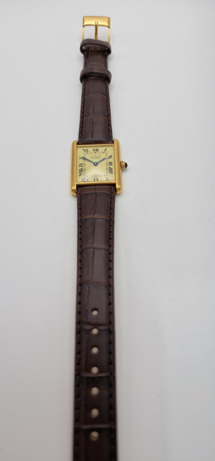 Must de Cartier Tank 18ct Gold on Sterling Silver | Mid Size Watch | New Brown Leather Strap | Vintage Luxury Timepiece