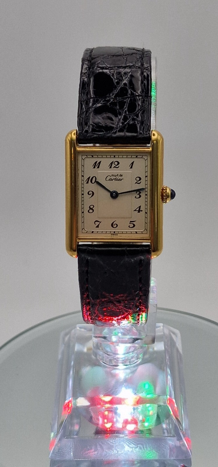 Mid Size 18K Gold on Sterling Silver Must de Cartier Tank Watch | Black Leather Strap | 1989 Vintage Box & Papers