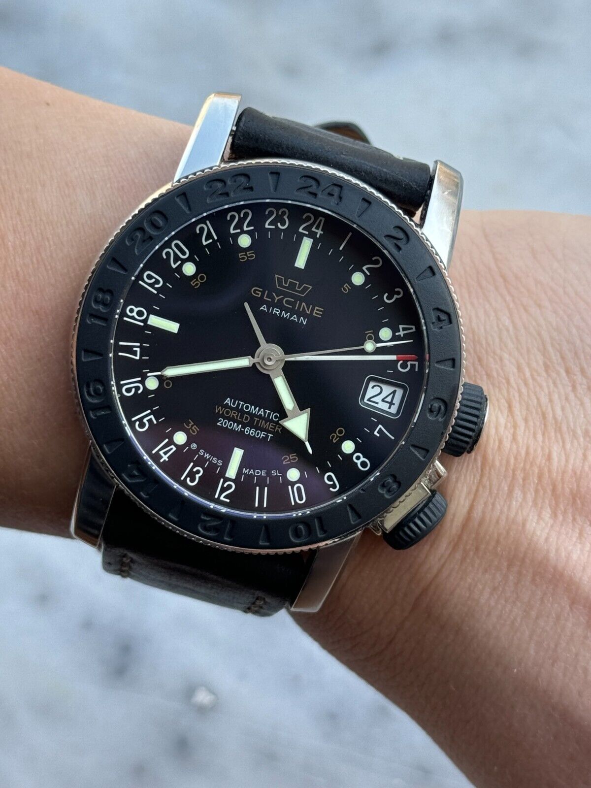 Glycine Airman World Timer Watch 3927.2 Automatic Mens 46mm Swiss Made