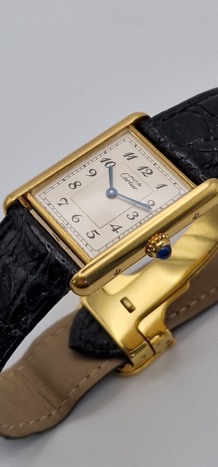 Mid Size 18K Gold on Sterling Silver Must de Cartier Tank Watch | Black Leather Strap | 1989 Vintage Box & Papers