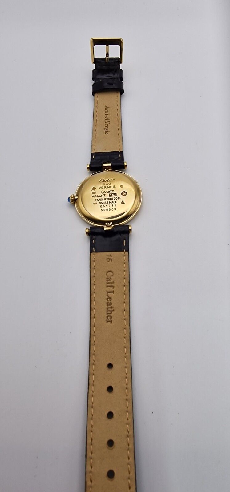 Must de Cartier Vendome 18ct Gold on Silver Mid Size Watch on New Leather Strap.