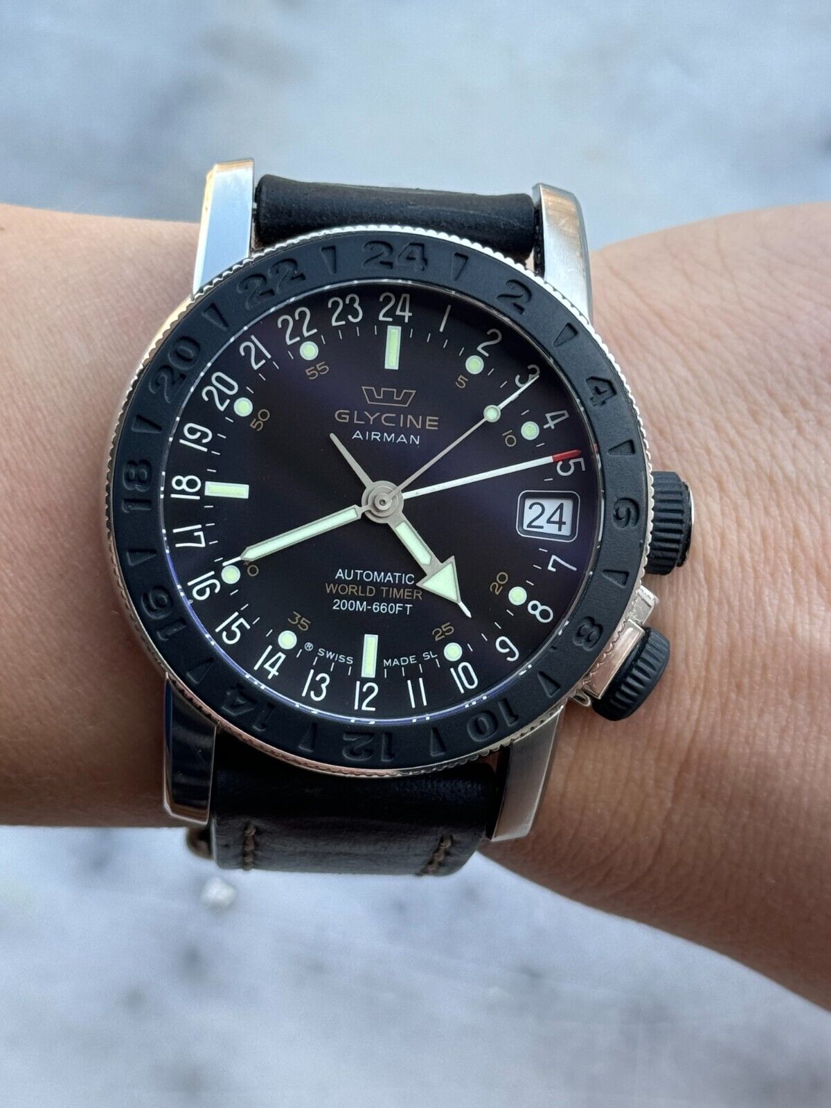 Glycine Airman World Timer Watch 3927.2 Automatic Mens 46mm Swiss Made