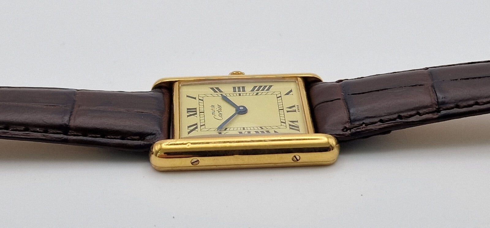 Must de Cartier Tank 18ct Gold on Sterling Silver | Mid Size Watch | New Brown Leather Strap | Vintage Luxury Timepiece