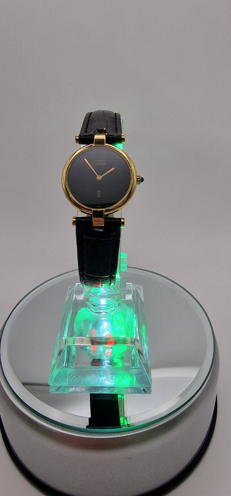 Must de Cartier Vendome 18ct Gold on Silver Lady’s Watch | Black Dial | Original Cartier Movement | New Black Leather Strap