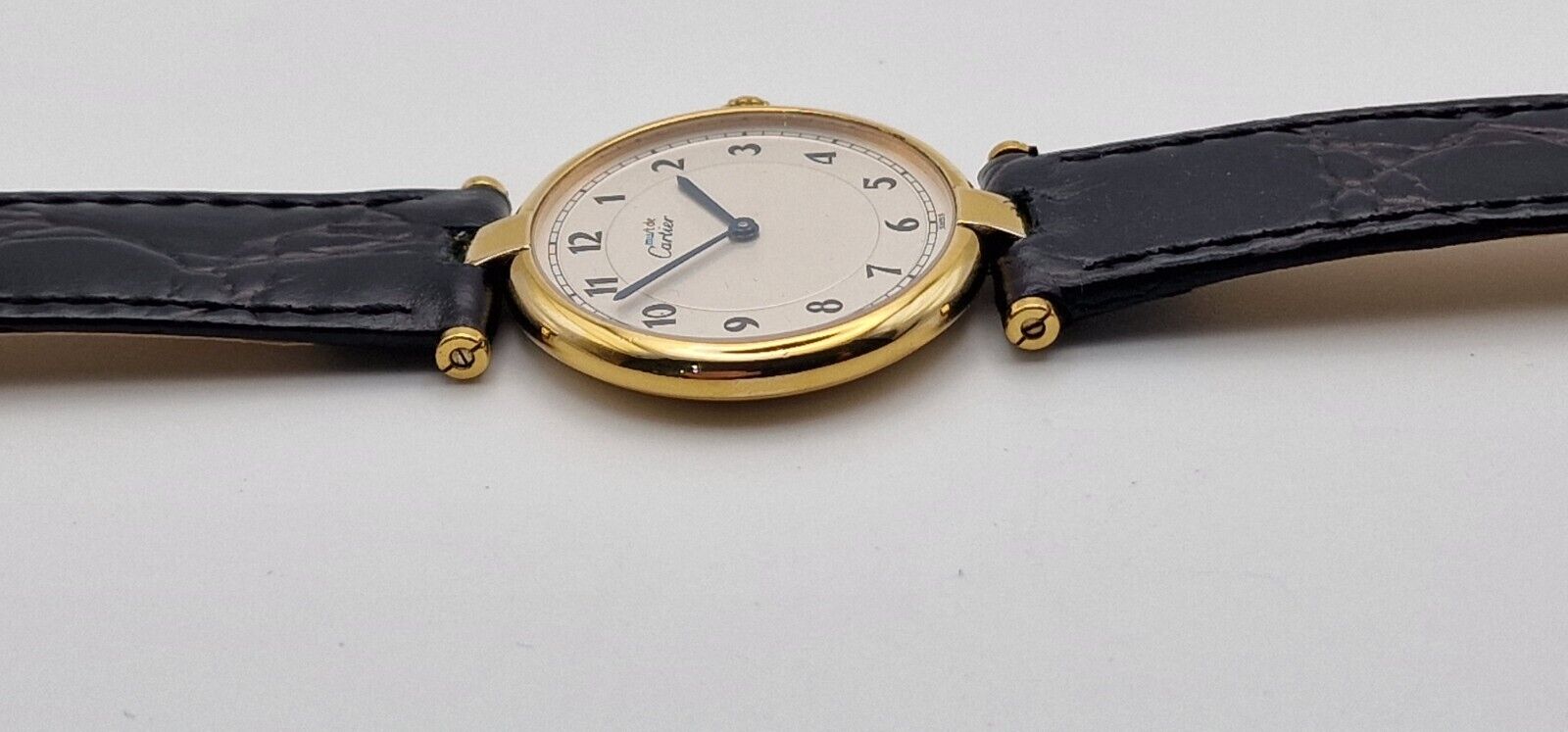 Must de Cartier Vendome 18ct Gold on Silver Mid Size Watch on New Leather Strap.