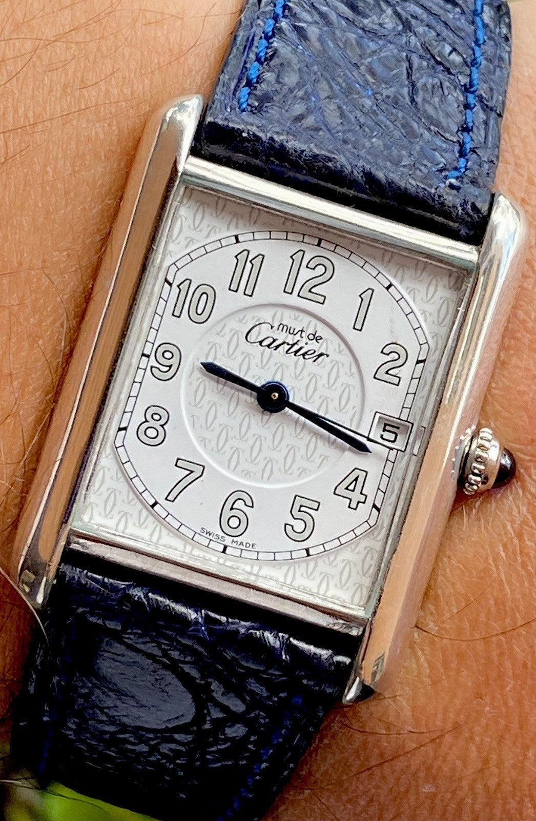 Cartier Tank XL 26mm Quartz | Silver 925 | White/Gray Dial C Pattern | Blue Leather Strap | Ref. 2414 W1014354