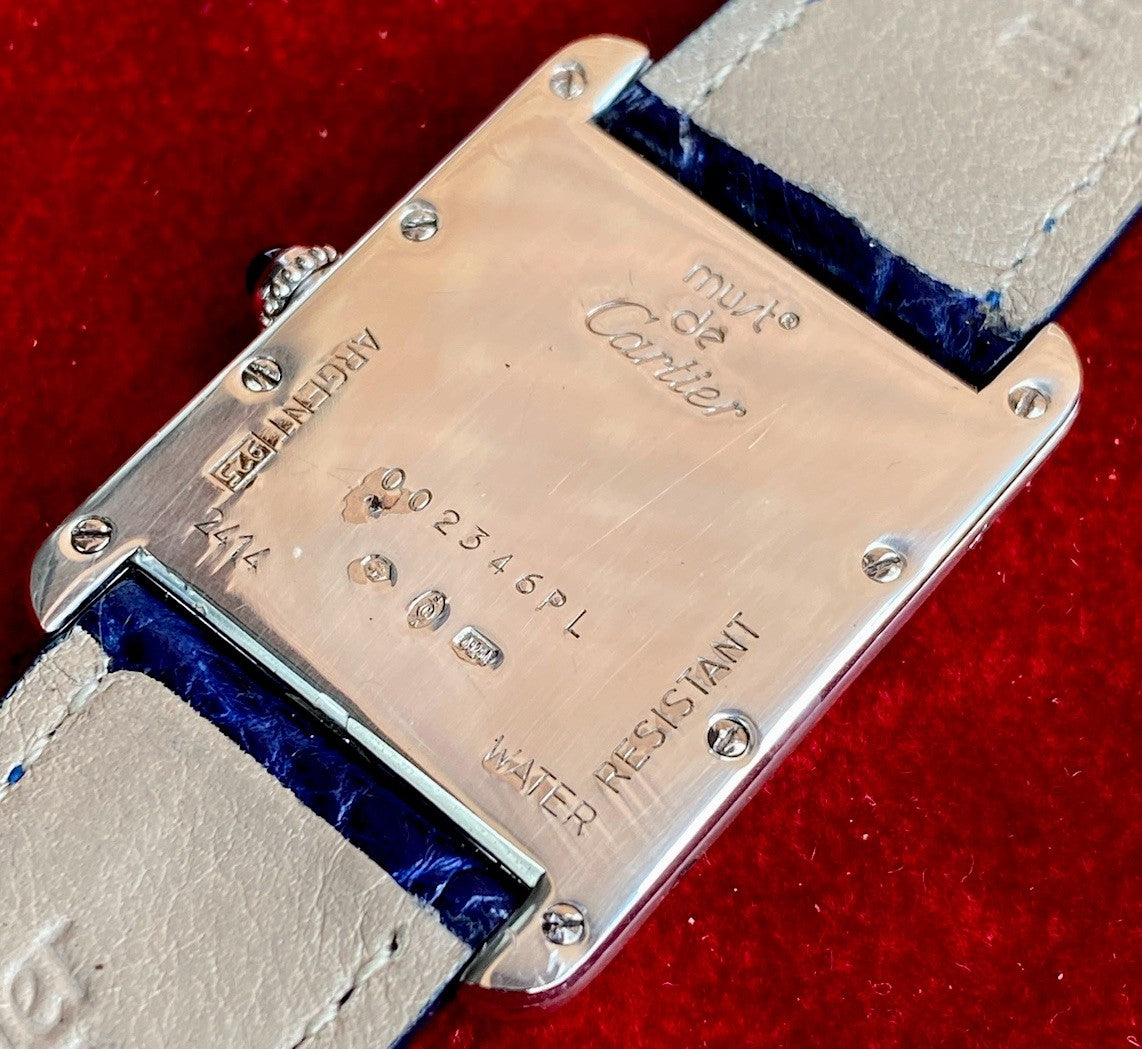 Cartier Tank XL 26mm Quartz | Silver 925 | White/Gray Dial C Pattern | Blue Leather Strap | Ref. 2414 W1014354