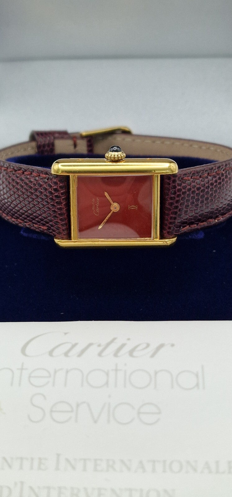 Vintage Cartier Tank Watch | 18ct Gold on Silver | Red Dial | Mechanical Hand-Wound | Ladies Luxury Timepiece | Burgundy Strap