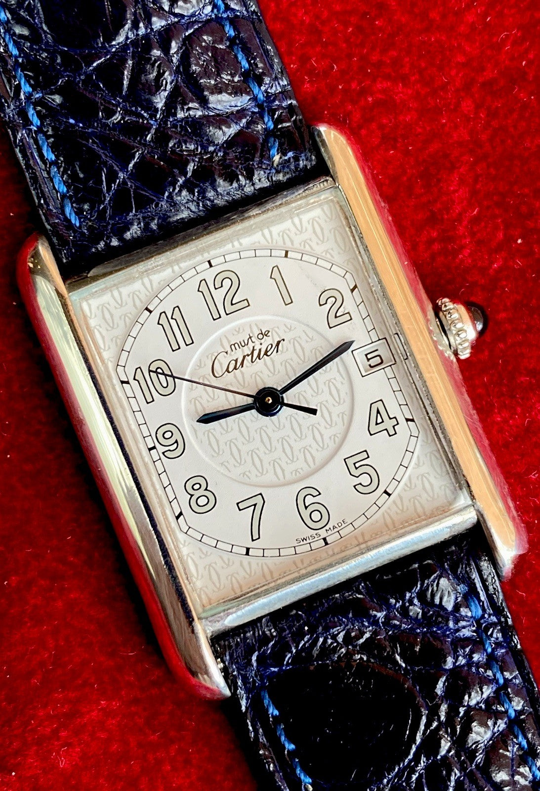 Cartier Tank XL 26mm Quartz | Silver 925 | White/Gray Dial C Pattern | Blue Leather Strap | Ref. 2414 W1014354