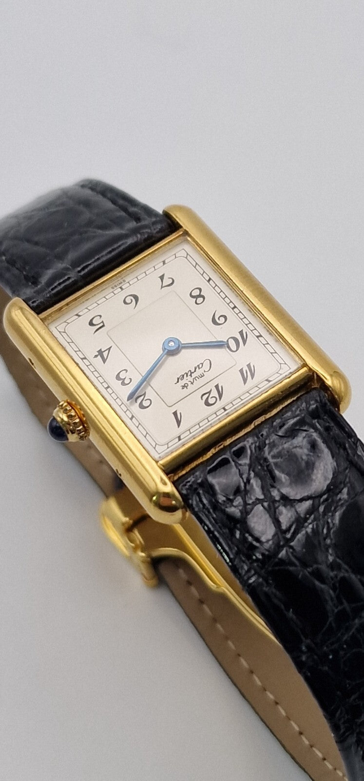 Mid Size 18K Gold on Sterling Silver Must de Cartier Tank Watch | Black Leather Strap | 1989 Vintage Box & Papers