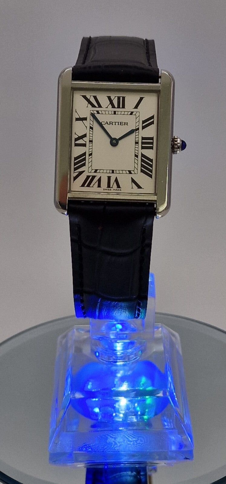 Cartier Tank Solo Gents Watch | Stainless Steel | Blue Cabochon Crown | Leather Strap | Luxury Timepiece