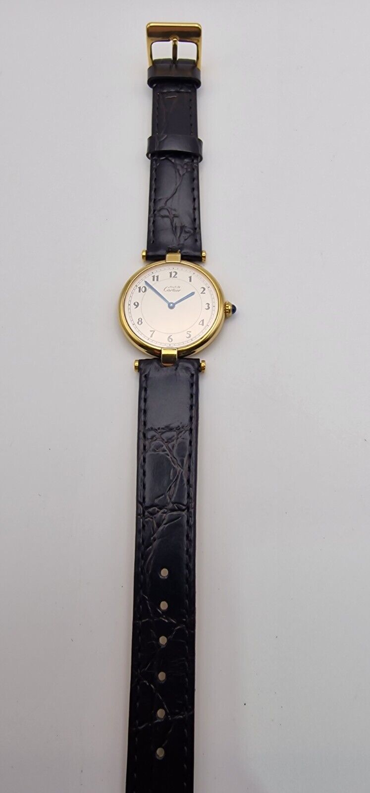 Must de Cartier Vendome 18ct Gold on Silver Mid Size Watch on New Leather Strap.