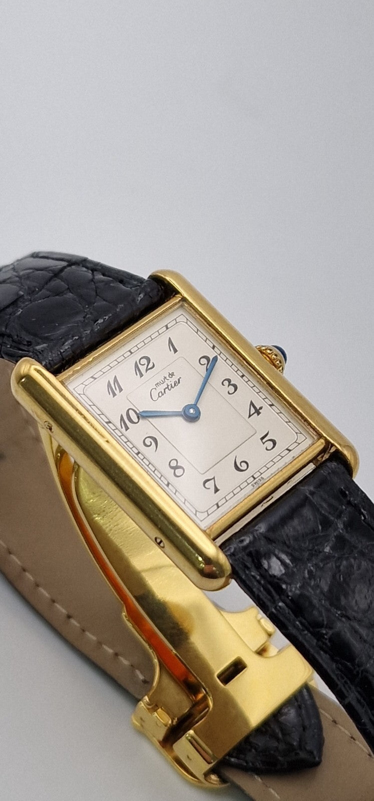 Mid Size 18K Gold on Sterling Silver Must de Cartier Tank Watch | Black Leather Strap | 1989 Vintage Box & Papers