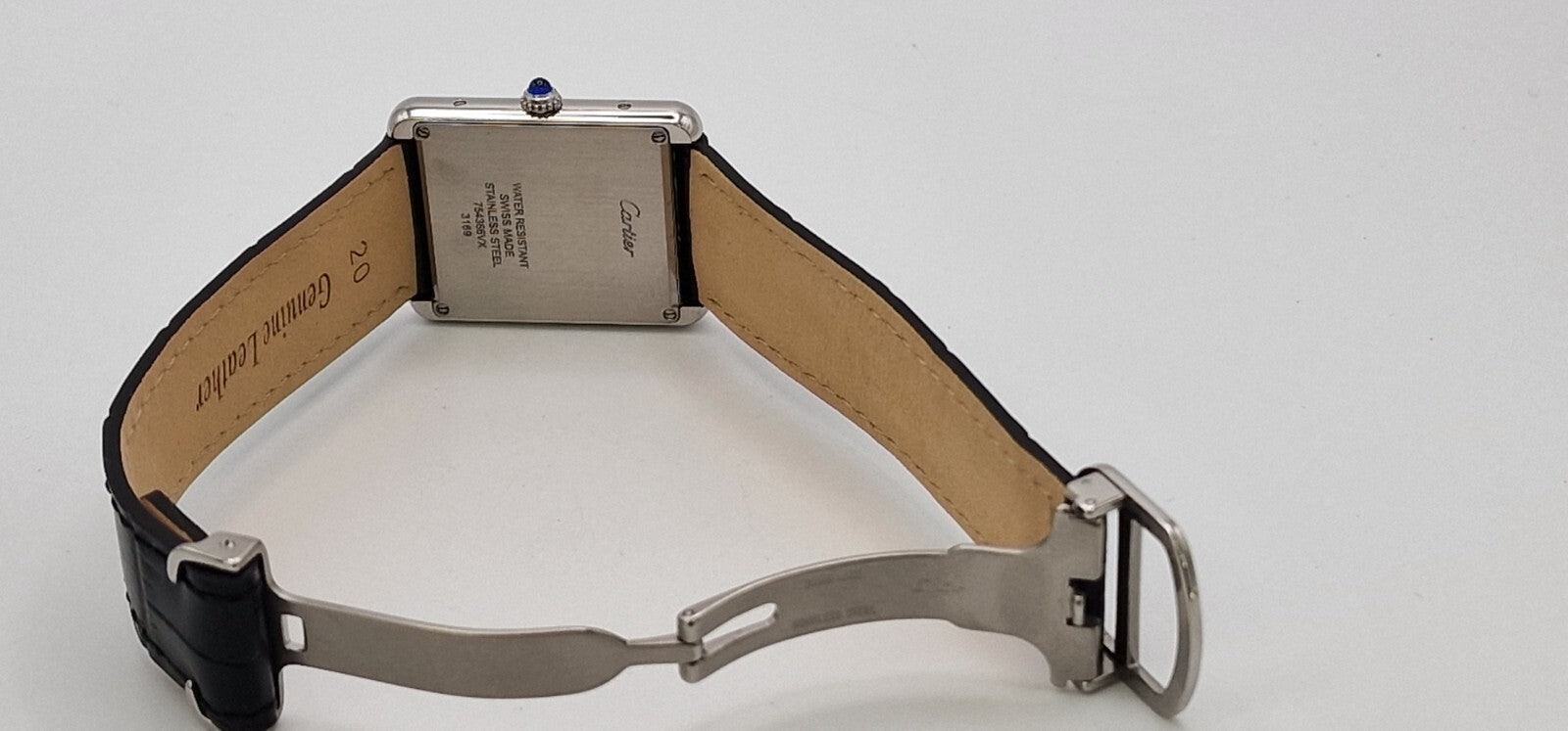 Cartier Tank Solo Gents Watch | Stainless Steel | Blue Cabochon Crown | Leather Strap | Luxury Timepiece