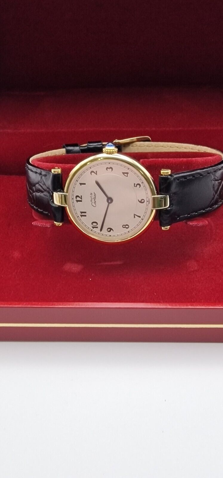 Must de Cartier Vendome 18ct Gold on Silver Mid Size Watch on New Leather Strap.
