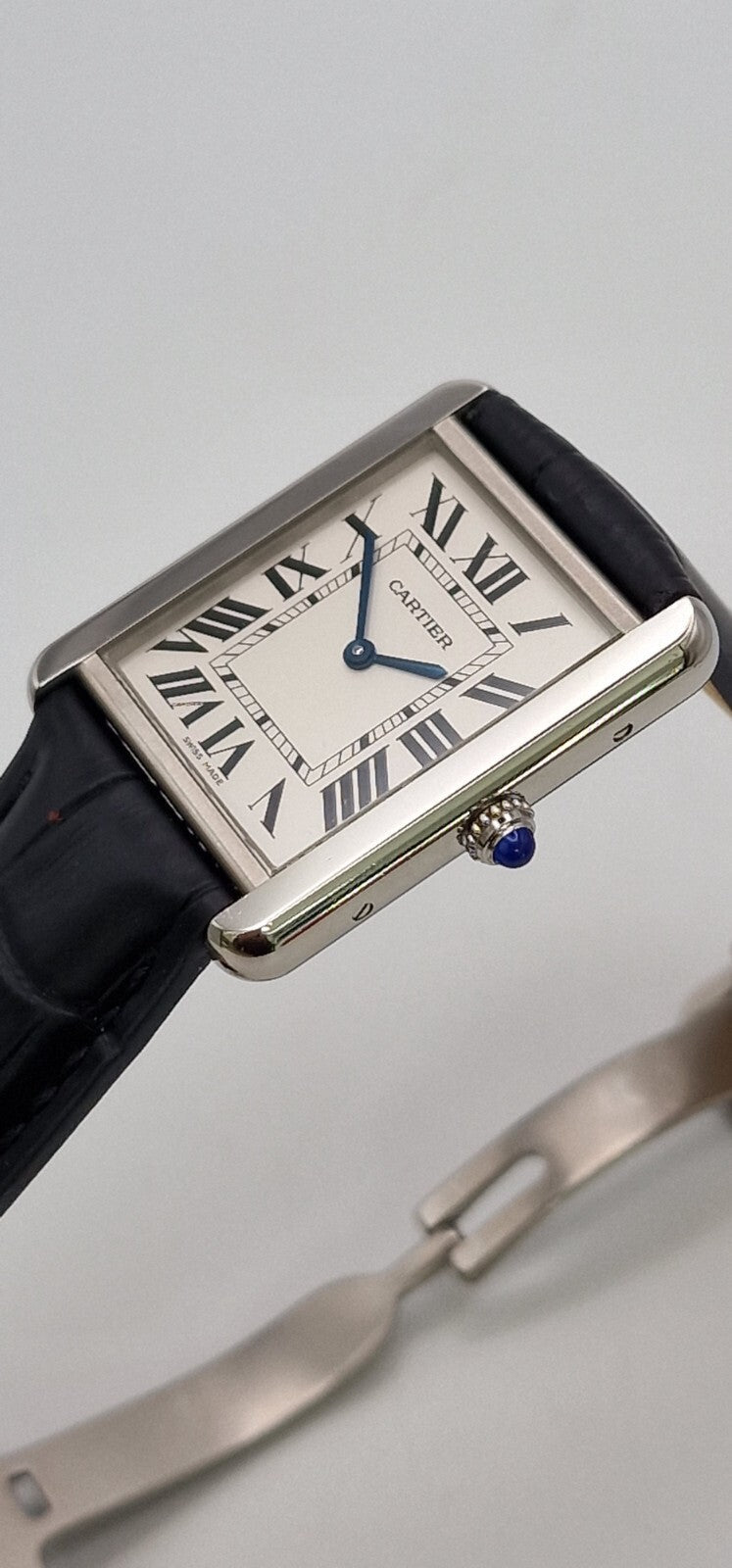 Cartier Tank Solo Gents Watch | Stainless Steel | Blue Cabochon Crown | Leather Strap | Luxury Timepiece
