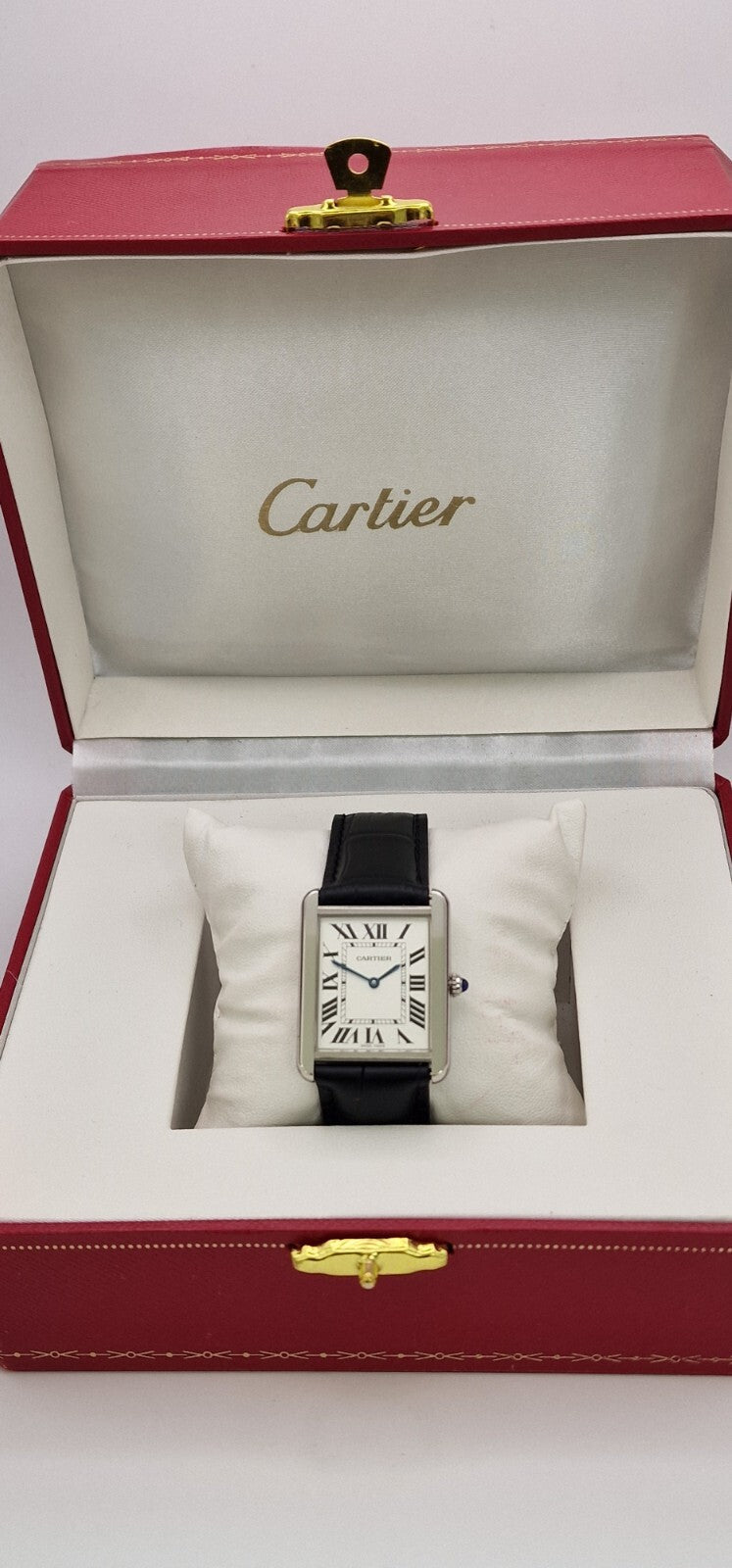 Cartier Tank Solo Gents Watch | Stainless Steel | Blue Cabochon Crown | Leather Strap | Luxury Timepiece