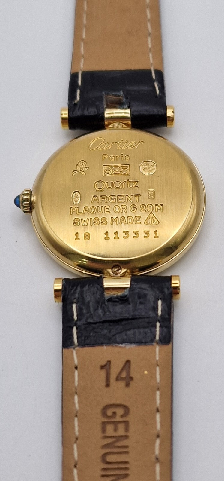 Must de Cartier Vendome 18ct Gold on Silver Lady’s Watch | Black Dial | Original Cartier Movement | New Black Leather Strap