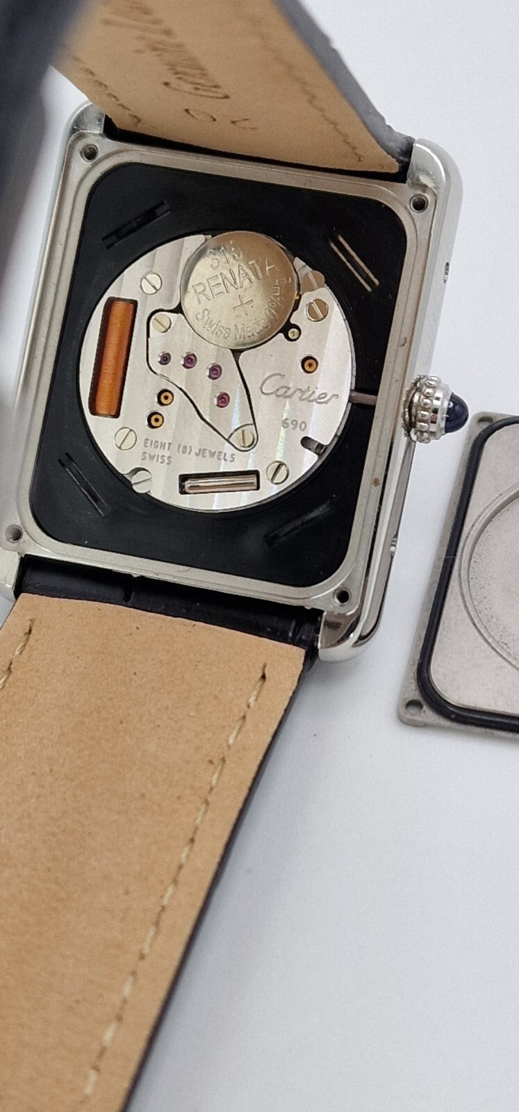 Cartier Tank Solo Gents Watch | Stainless Steel | Blue Cabochon Crown | Leather Strap | Luxury Timepiece