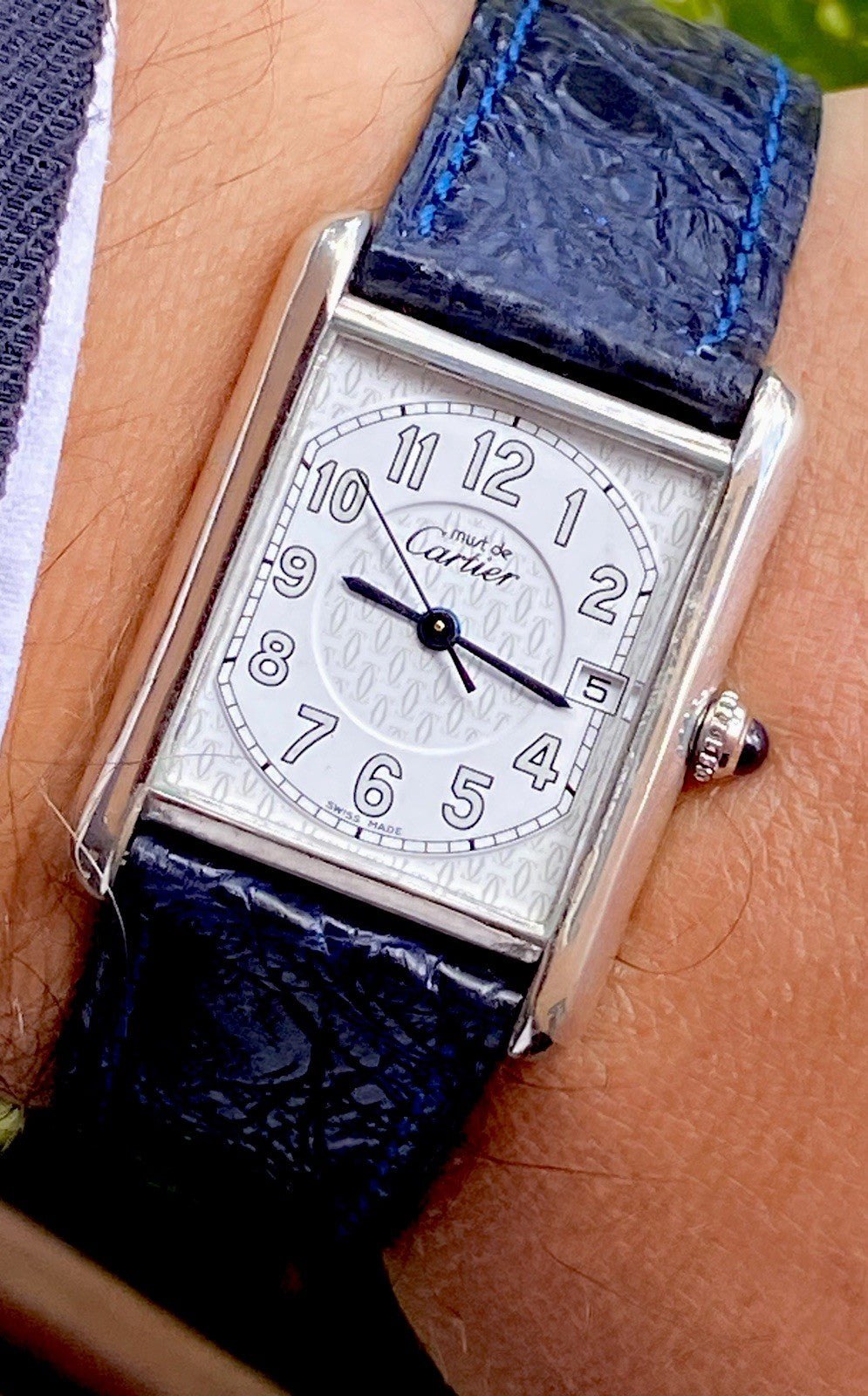 Cartier Tank XL 26mm Quartz | Silver 925 | White/Gray Dial C Pattern | Blue Leather Strap | Ref. 2414 W1014354