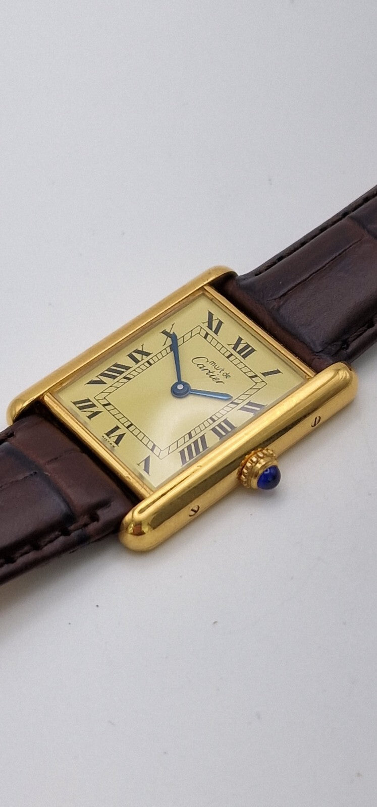 Must de Cartier Tank 18ct Gold on Sterling Silver | Mid Size Watch | New Brown Leather Strap | Vintage Luxury Timepiece