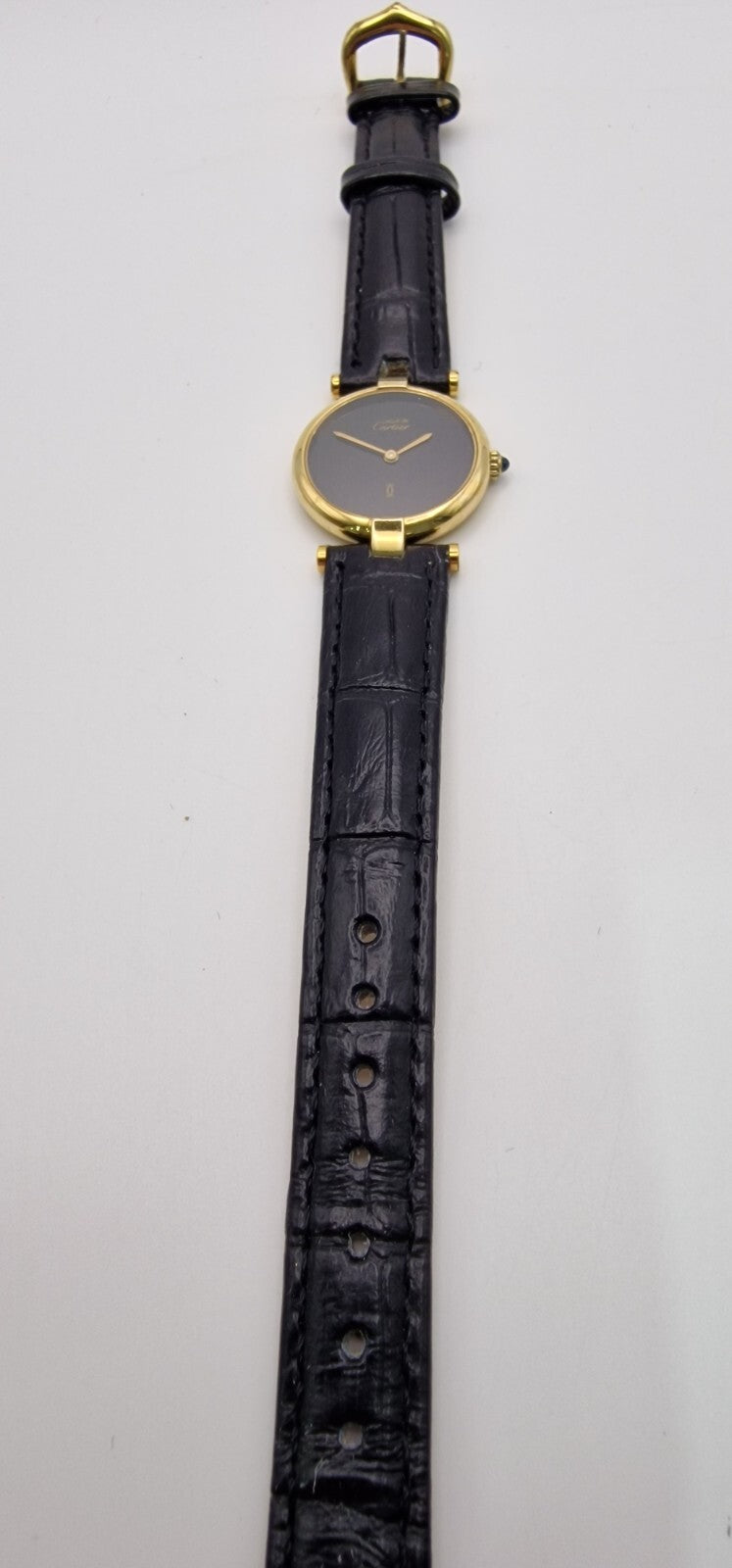 Must de Cartier Vendome 18ct Gold on Silver Lady’s Watch | Black Dial | Original Cartier Movement | New Black Leather Strap