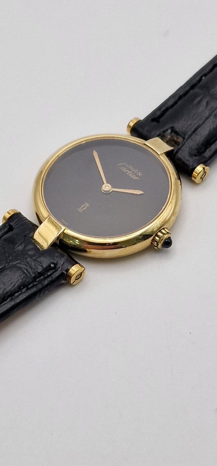 Must de Cartier Vendome 18ct Gold on Silver Lady’s Watch | Black Dial | Original Cartier Movement | New Black Leather Strap