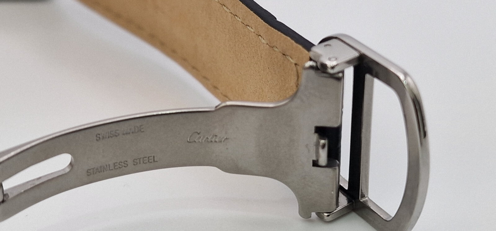 Cartier Tank Solo Gents Watch | Stainless Steel | Blue Cabochon Crown | Leather Strap | Luxury Timepiece