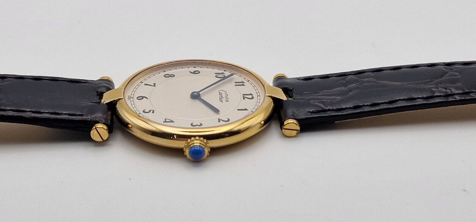 Must de Cartier Vendome 18ct Gold on Silver Mid Size Watch on New Leather Strap.
