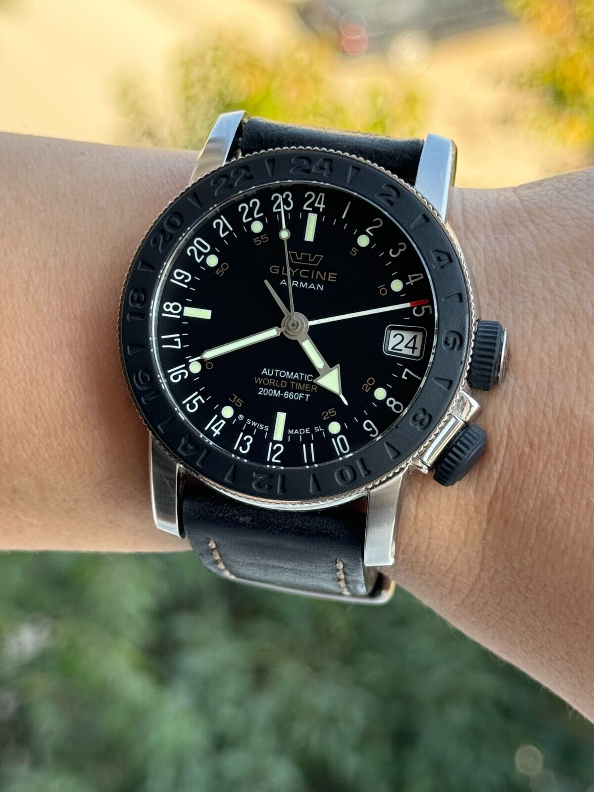 Glycine Airman World Timer Watch 3927.2 Automatic Mens 46mm Swiss Made