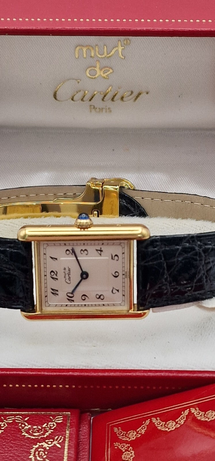 Mid Size 18K Gold on Sterling Silver Must de Cartier Tank Watch | Black Leather Strap | 1989 Vintage Box & Papers