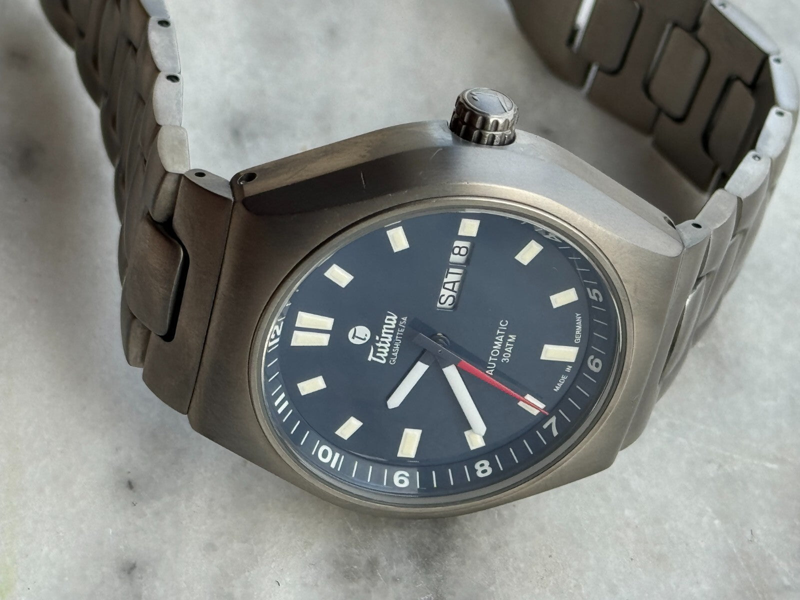 Tutima M2 Coastline 6150 Titanium Blue Dial Watch Automatic Day Date Mens 43mm