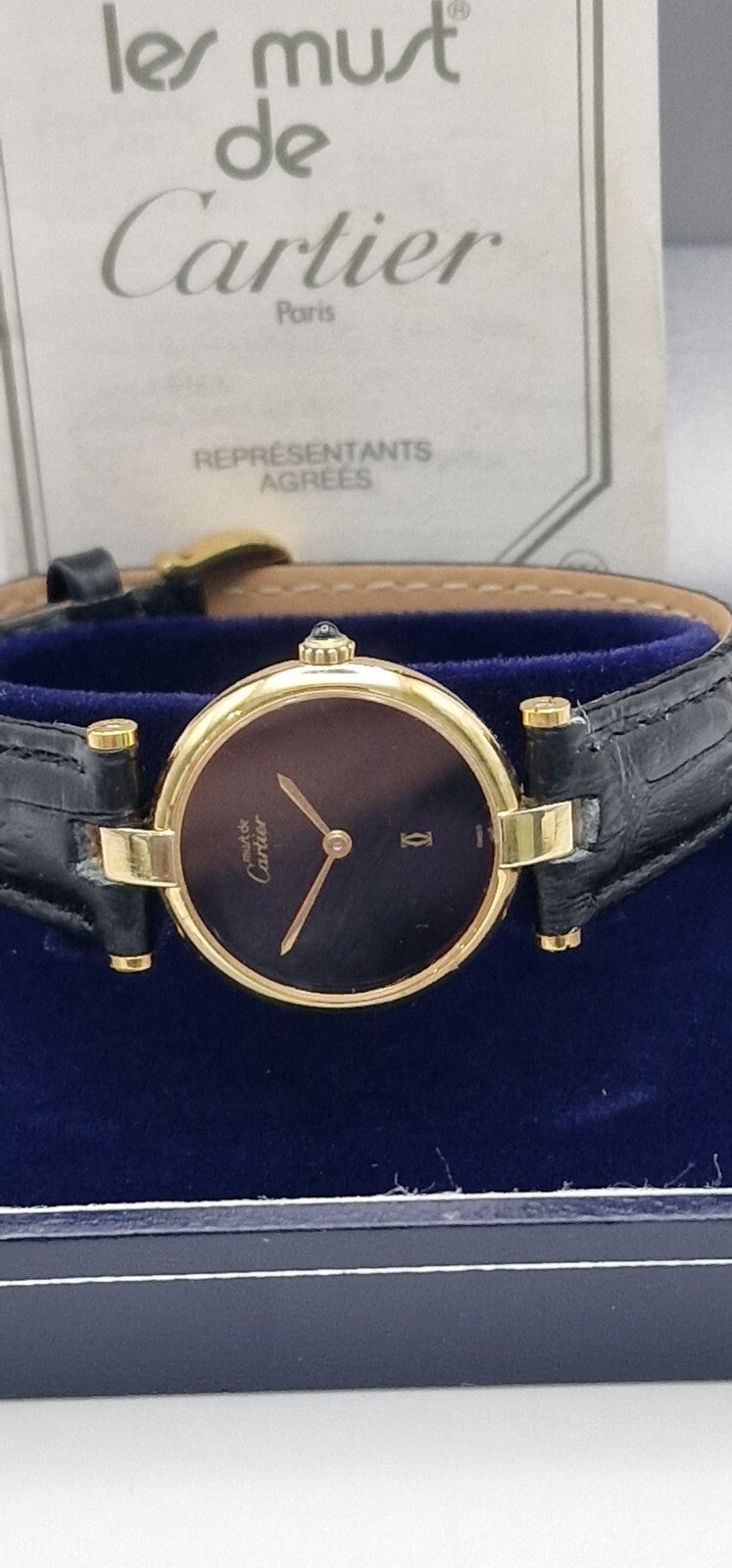 Must de Cartier Vendome 18ct Gold on Silver Lady’s Watch | Black Dial | Original Cartier Movement | New Black Leather Strap