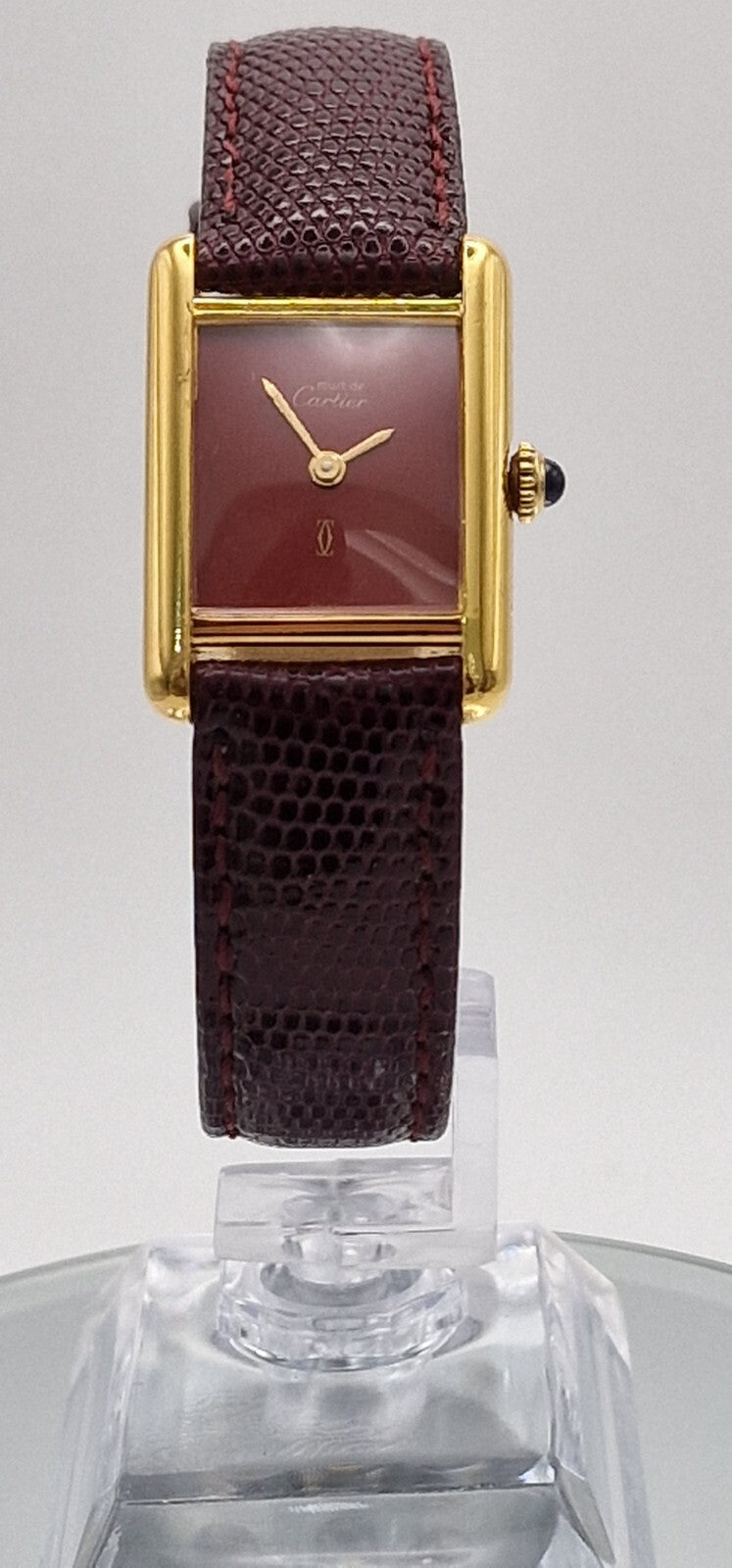 Vintage Cartier Tank Watch | 18ct Gold on Silver | Red Dial | Mechanical Hand-Wound | Ladies Luxury Timepiece | Burgundy Strap