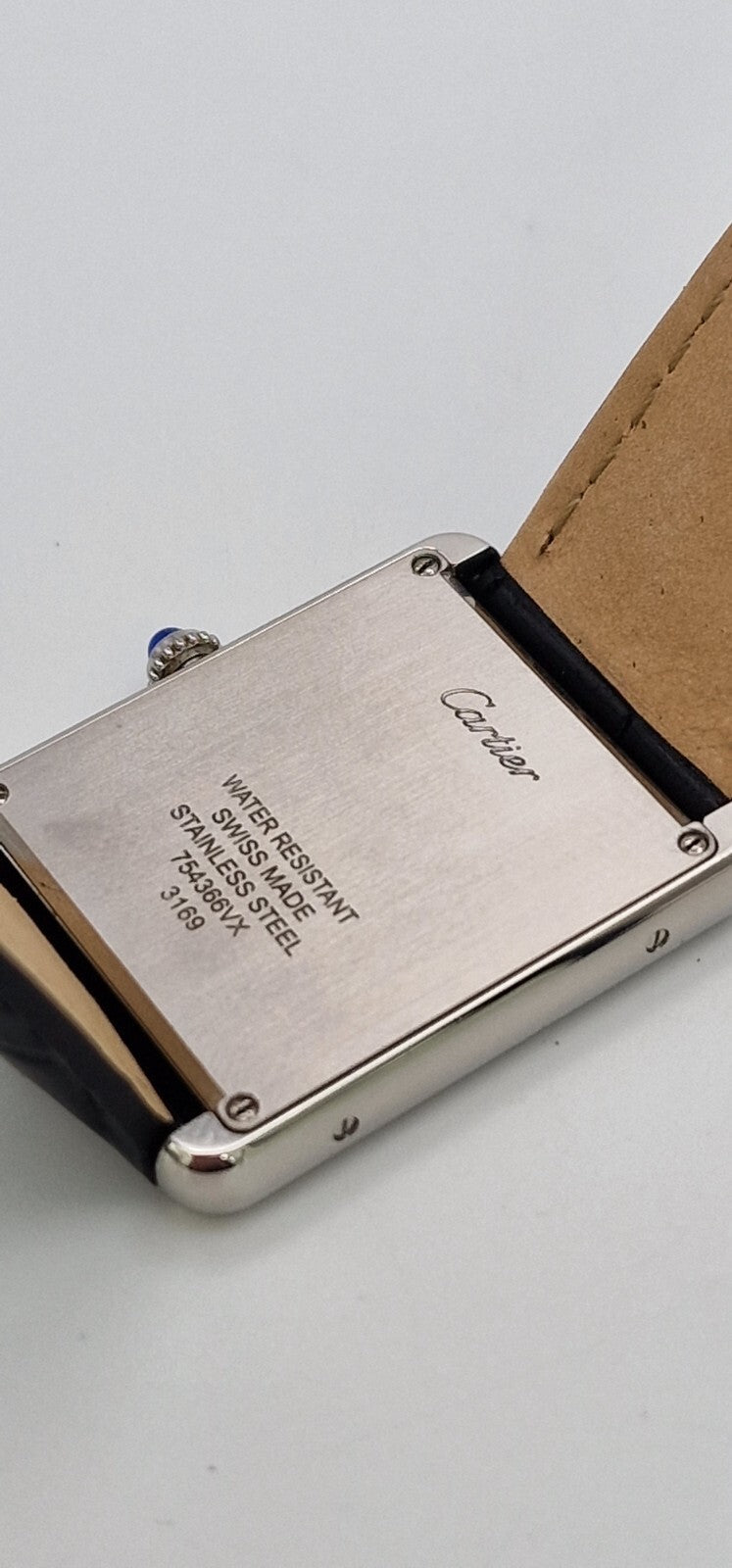 Cartier Tank Solo Gents Watch | Stainless Steel | Blue Cabochon Crown | Leather Strap | Luxury Timepiece