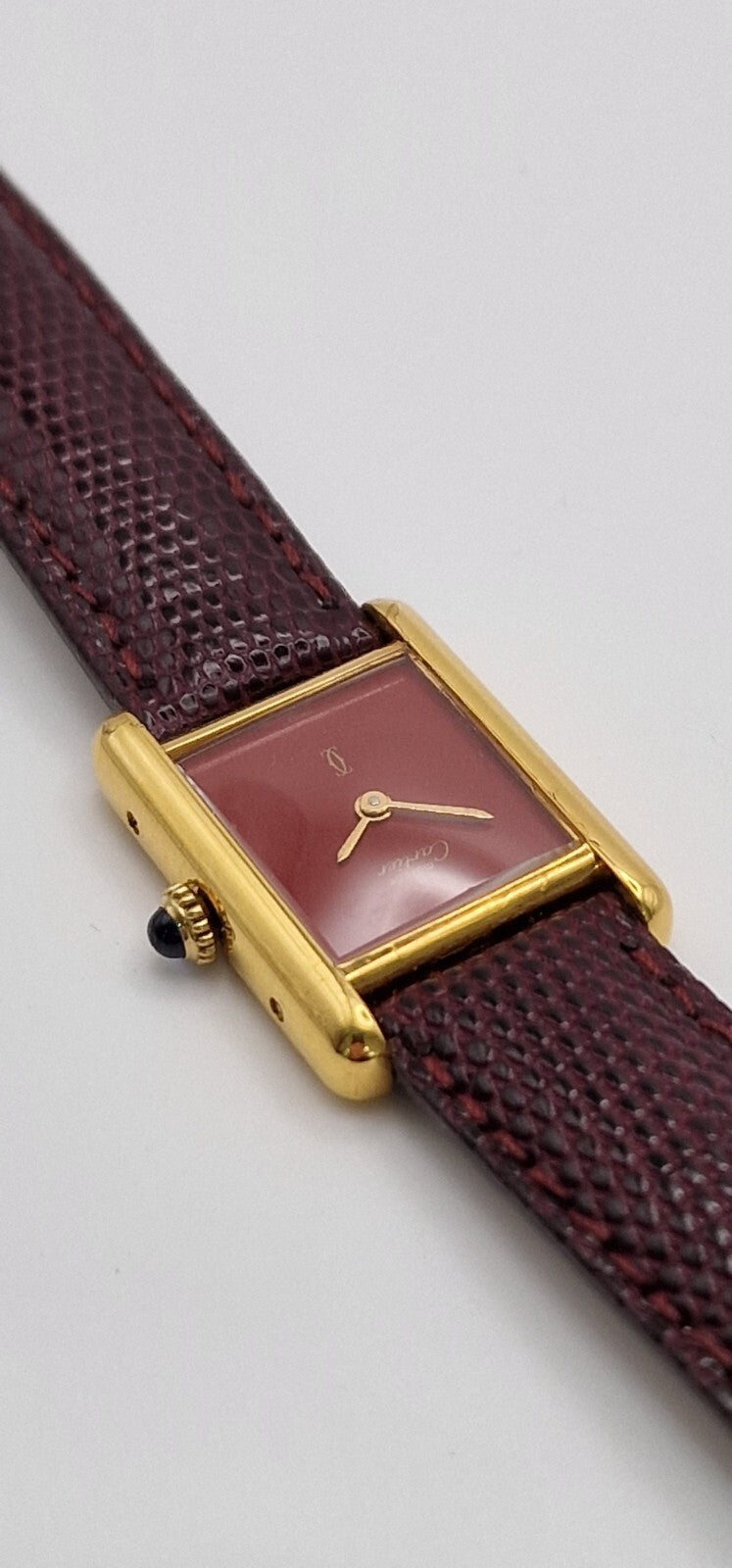 Vintage Cartier Tank Watch | 18ct Gold on Silver | Red Dial | Mechanical Hand-Wound | Ladies Luxury Timepiece | Burgundy Strap