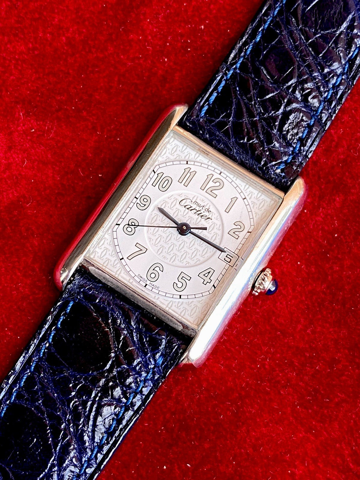 Cartier Tank XL 26mm Quartz | Silver 925 | White/Gray Dial C Pattern | Blue Leather Strap | Ref. 2414 W1014354