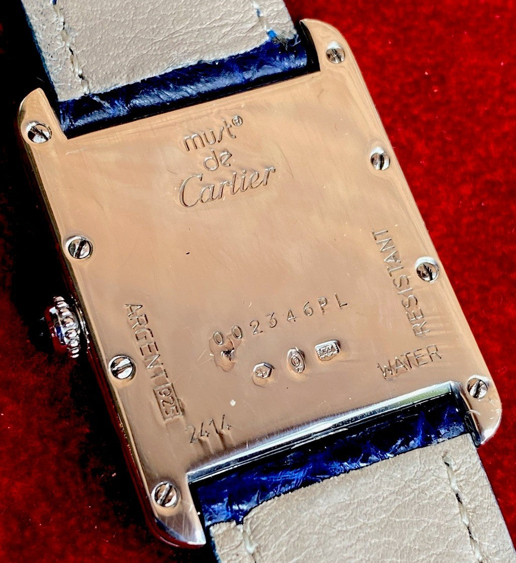 Cartier Tank XL 26mm Quartz | Silver 925 | White/Gray Dial C Pattern | Blue Leather Strap | Ref. 2414 W1014354