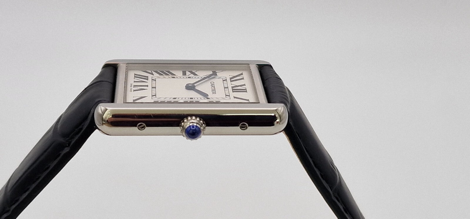 Cartier Tank Solo Gents Watch | Stainless Steel | Blue Cabochon Crown | Leather Strap | Luxury Timepiece