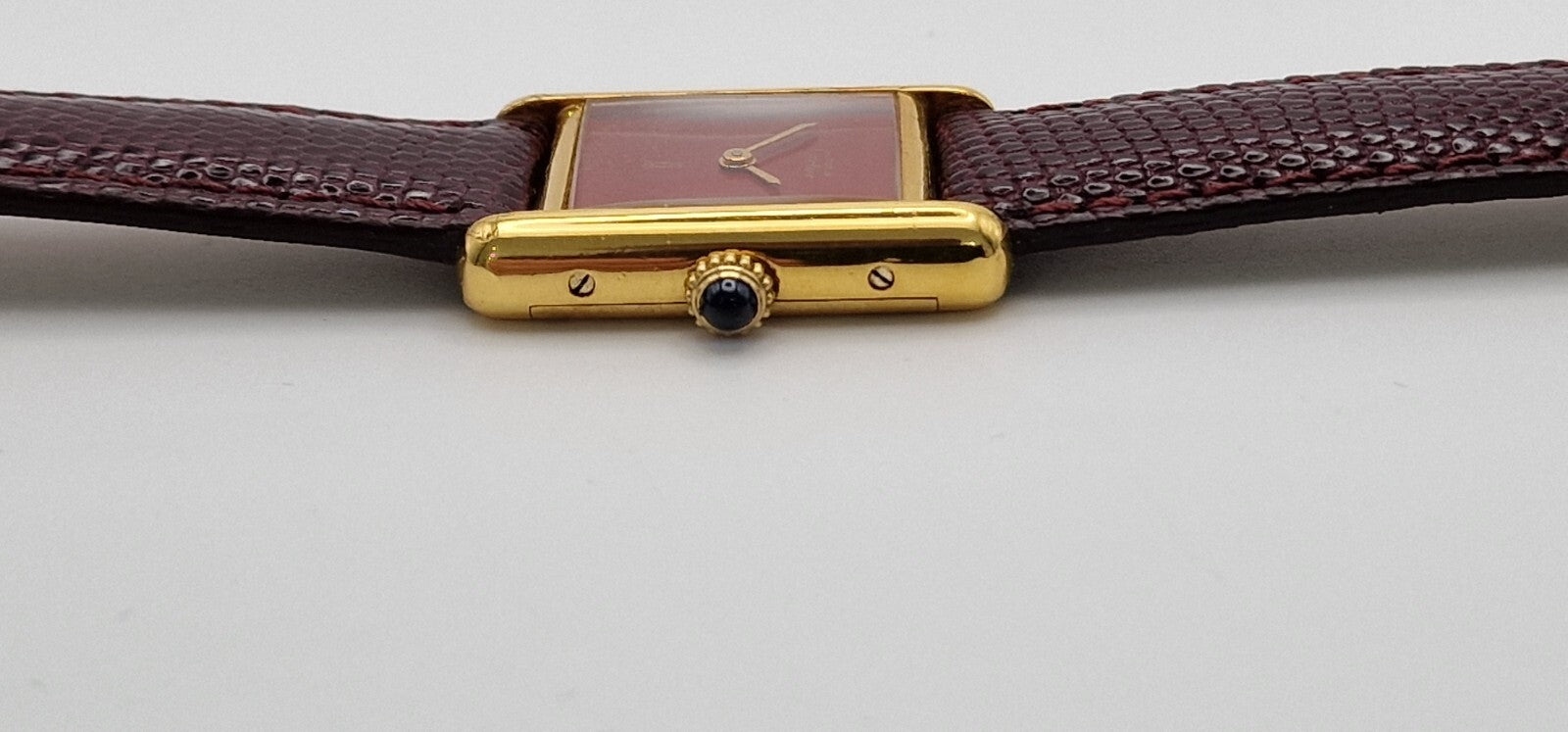 Vintage Cartier Tank Watch | 18ct Gold on Silver | Red Dial | Mechanical Hand-Wound | Ladies Luxury Timepiece | Burgundy Strap