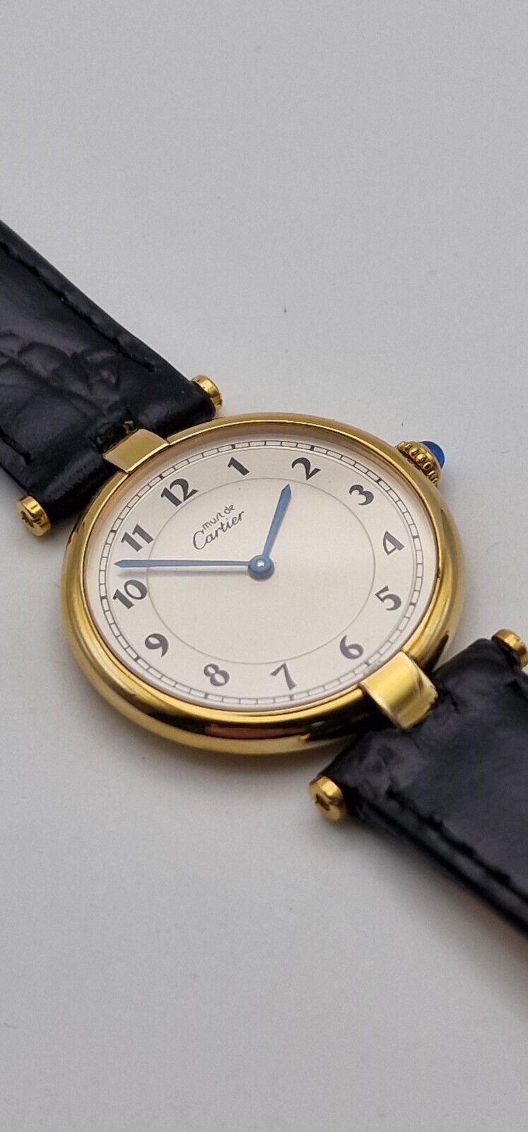 Must de Cartier Vendome 18ct Gold on Silver Mid Size Watch on New Leather Strap.