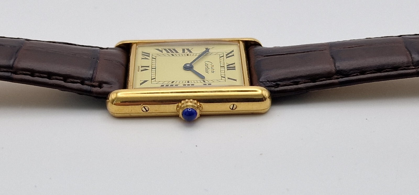 Must de Cartier Tank 18ct Gold on Sterling Silver | Mid Size Watch | New Brown Leather Strap | Vintage Luxury Timepiece