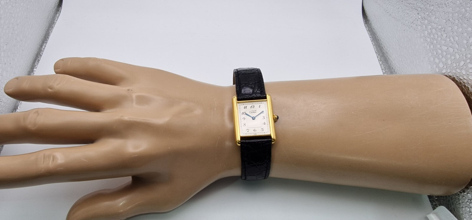 Mid Size 18K Gold on Sterling Silver Must de Cartier Tank Watch | Black Leather Strap | 1989 Vintage Box & Papers