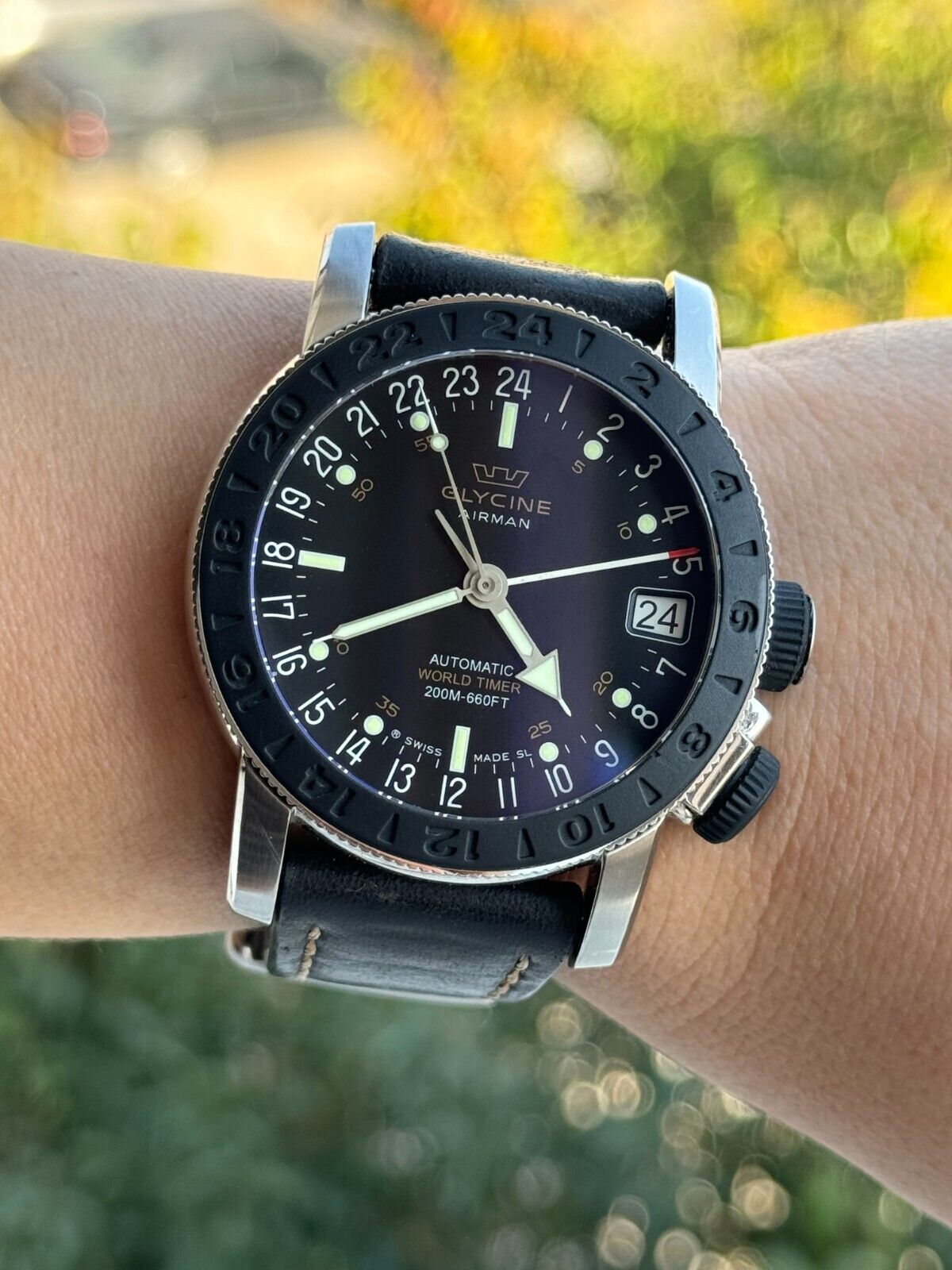 Glycine Airman World Timer Watch 3927.2 Automatic Mens 46mm Swiss Made