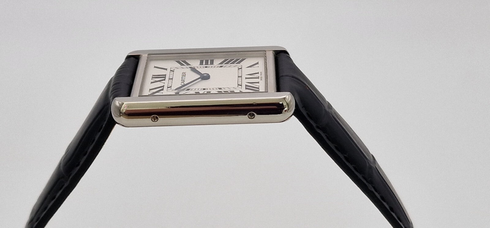 Cartier Tank Solo Gents Watch | Stainless Steel | Blue Cabochon Crown | Leather Strap | Luxury Timepiece