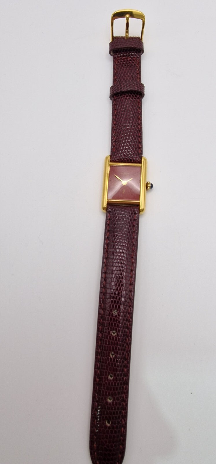 Vintage Cartier Tank Watch | 18ct Gold on Silver | Red Dial | Mechanical Hand-Wound | Ladies Luxury Timepiece | Burgundy Strap