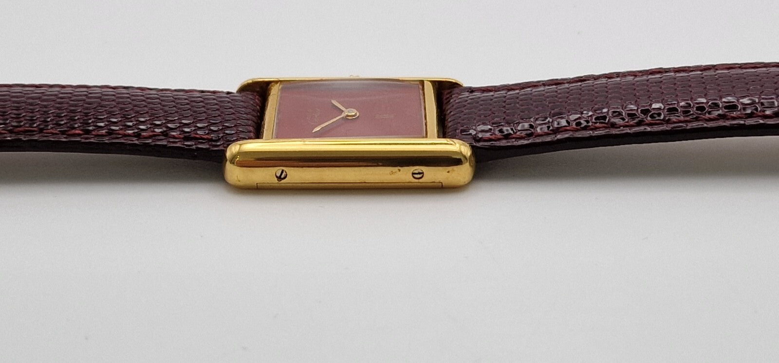 Vintage Cartier Tank Watch | 18ct Gold on Silver | Red Dial | Mechanical Hand-Wound | Ladies Luxury Timepiece | Burgundy Strap
