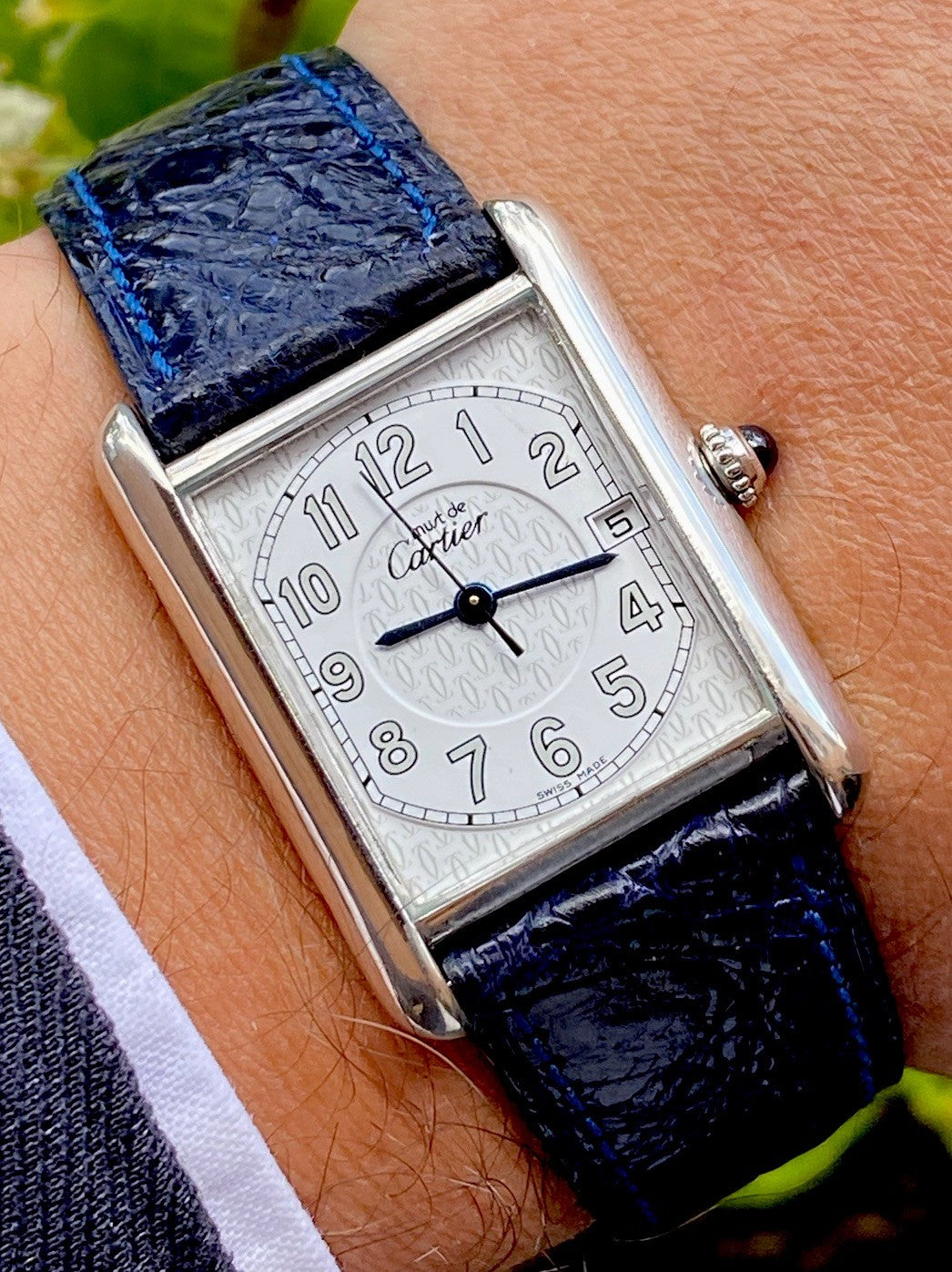 Cartier Tank XL 26mm Quartz | Silver 925 | White/Gray Dial C Pattern | Blue Leather Strap | Ref. 2414 W1014354