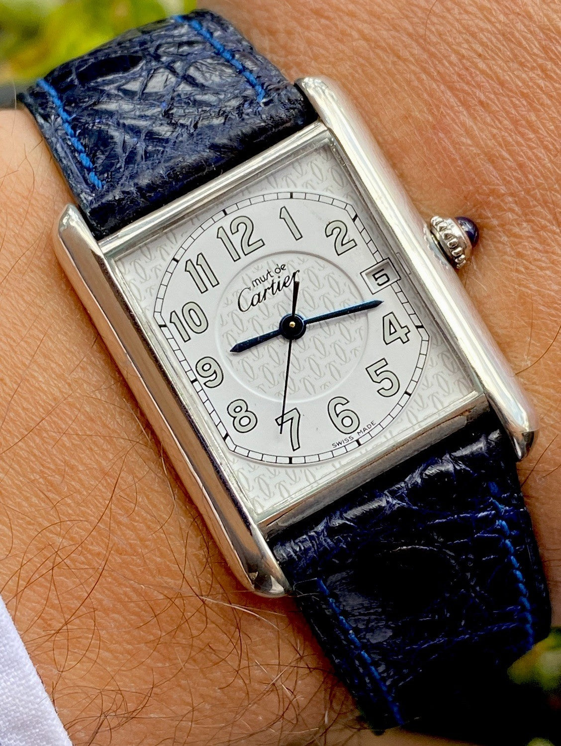 Cartier Tank XL 26mm Quartz | Silver 925 | White/Gray Dial C Pattern | Blue Leather Strap | Ref. 2414 W1014354